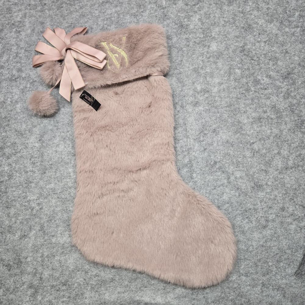 Victoria’s Secret Faux Fur VS Embroidered Bow Pom Accent Christmas Stocking NEW!